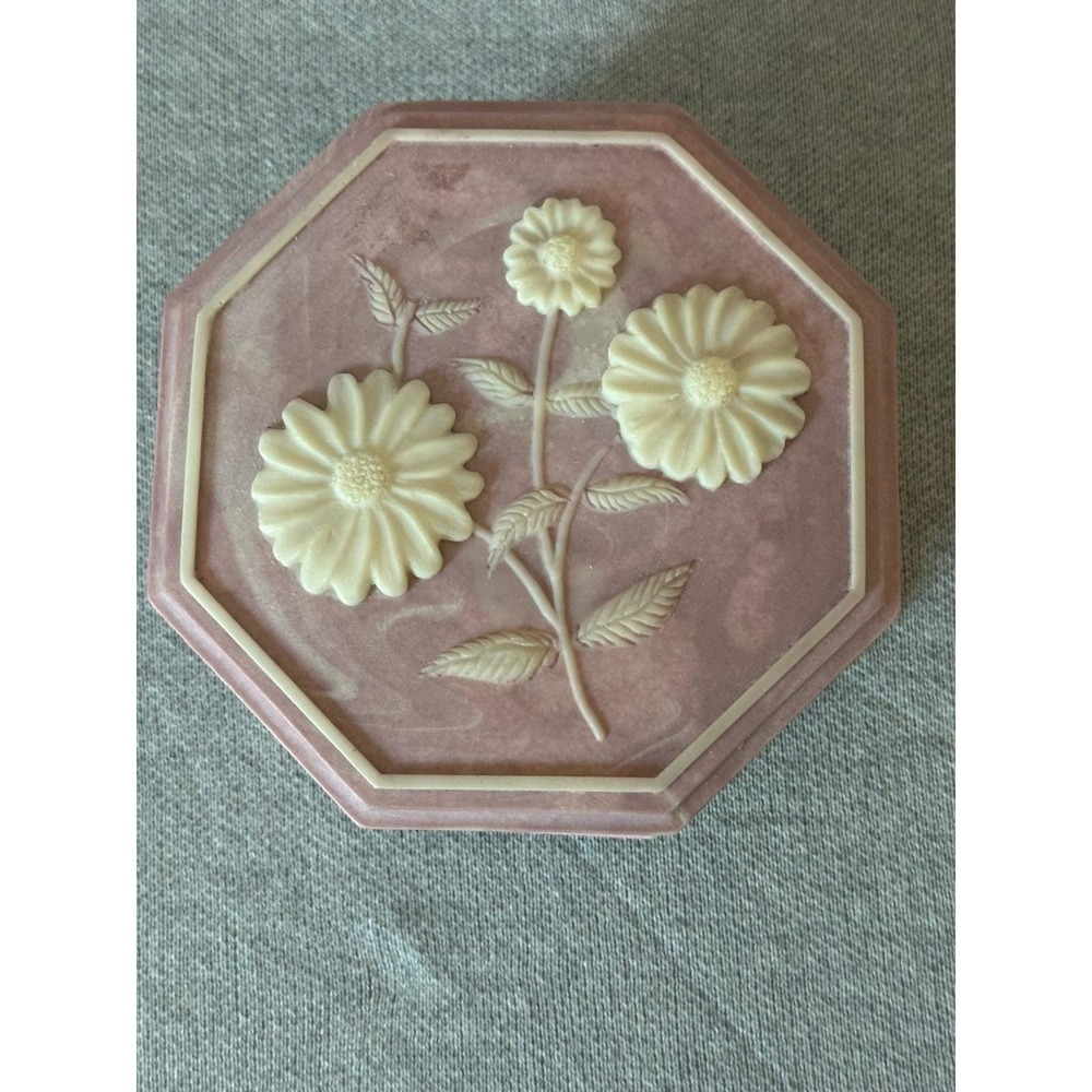 VTG Soapstone Embossed Jewelry Music Box USA Working Blush Pink Octagon